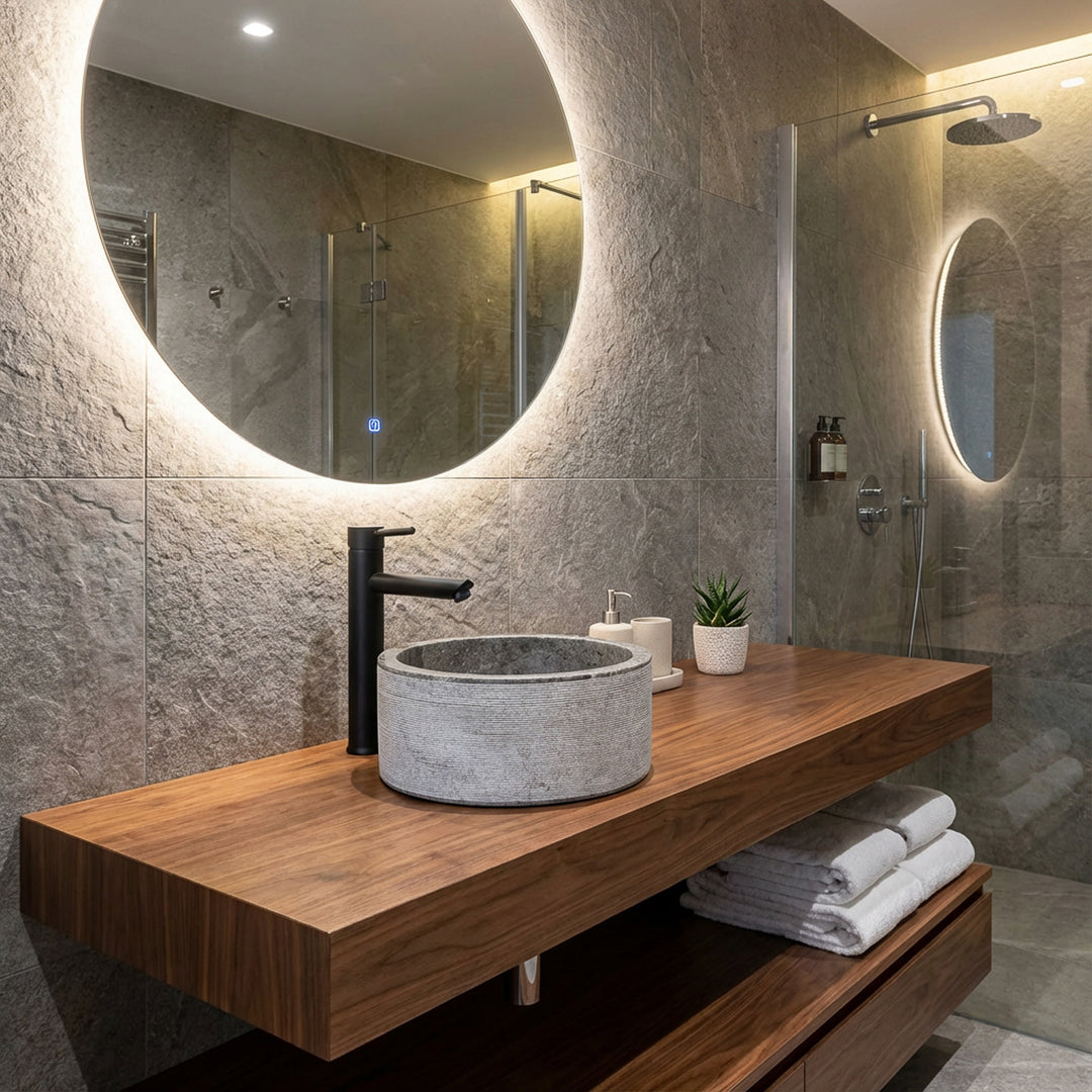 Round countertop washbasin made of natural stone on a solid wooden console, presented in a modern way in the warmly lit bathroom.