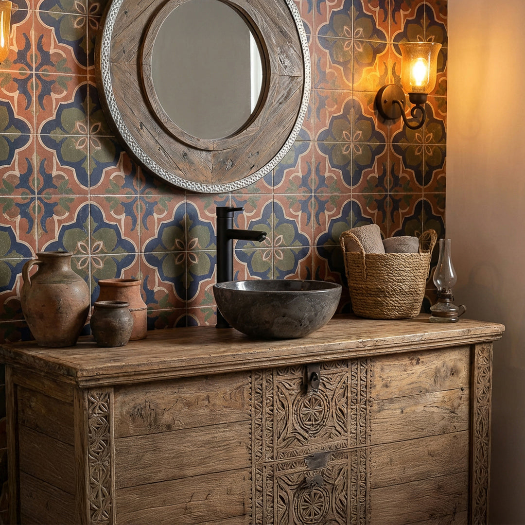 Round Washbasin Marble on carved wooden vanity in oriental bathroom with patterned tiles