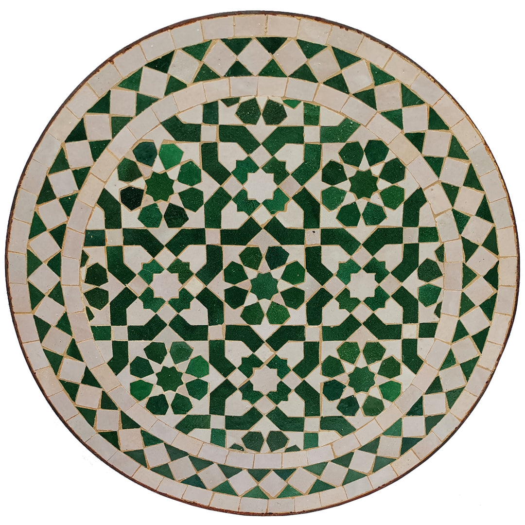 Balcony table small round 45 cm with green and white zellige mosaic and oriental pattern