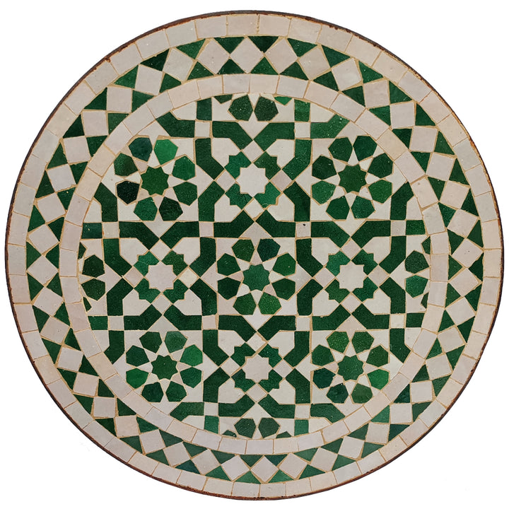 Balcony table small round 45 cm with green and white zellige mosaic and oriental pattern
