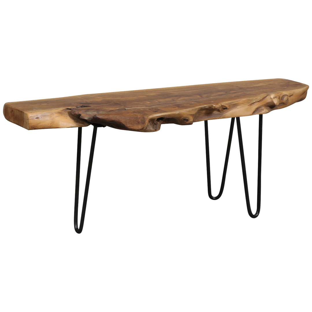 Naturally grown teak flower bench with delicate metal legs for the living room