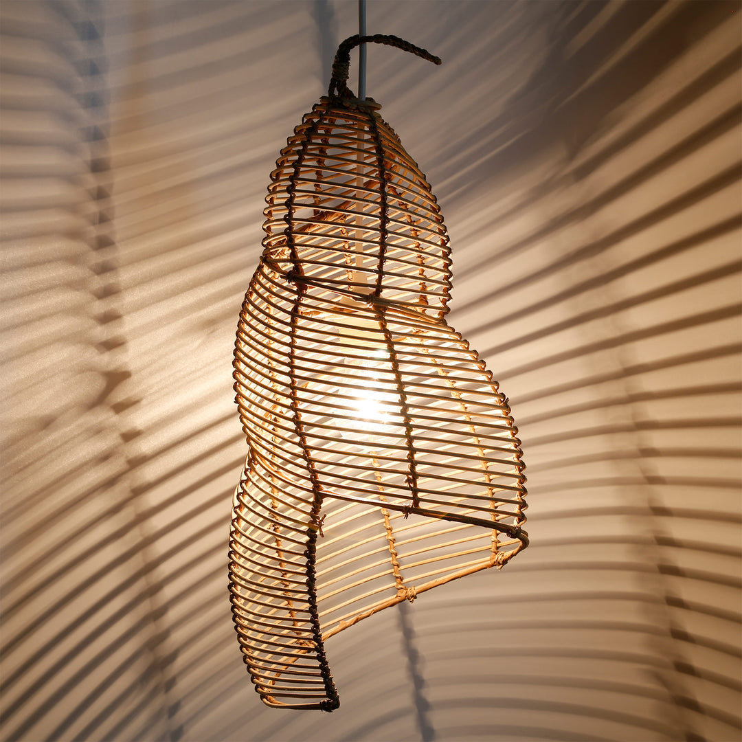 Handcrafted rattan ceiling lamp with a curved design and impressive play of light and shadow