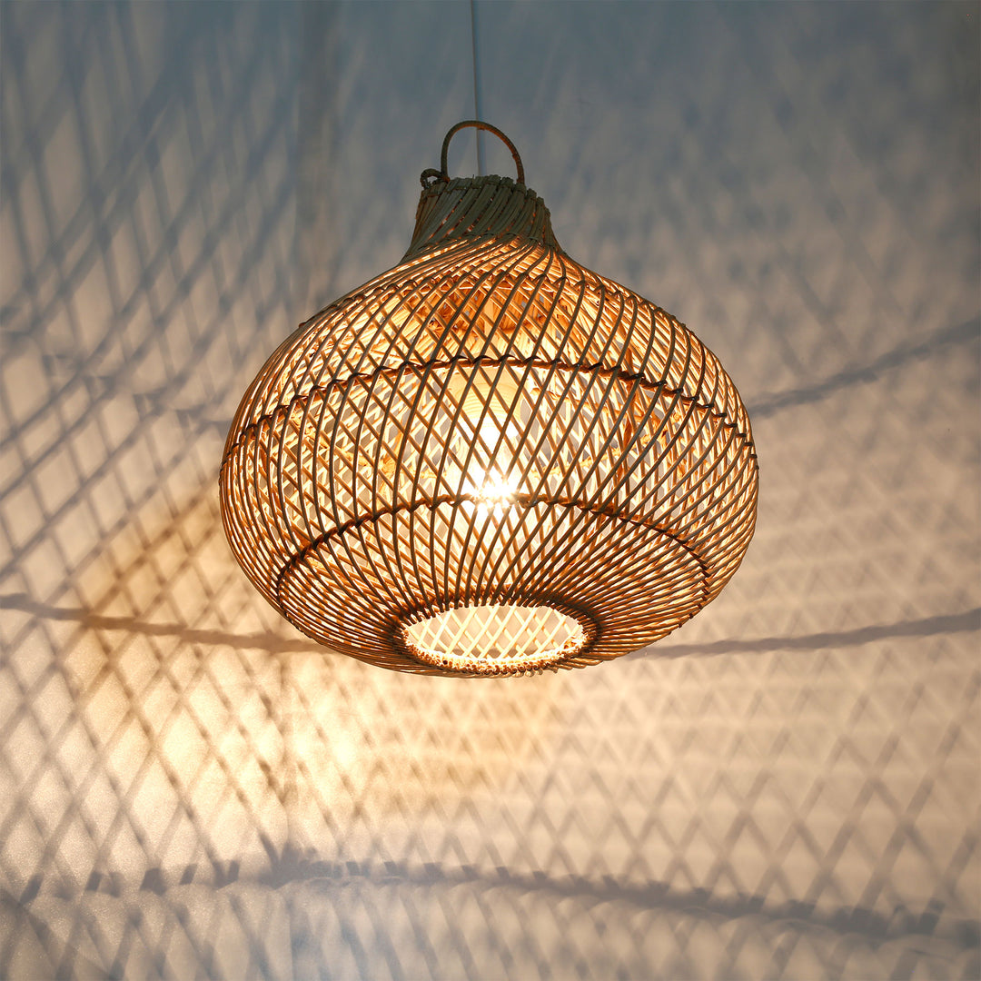 Handcrafted ceiling lamp made of rattan with a fine woven pattern and fascinating shadow play on the wall