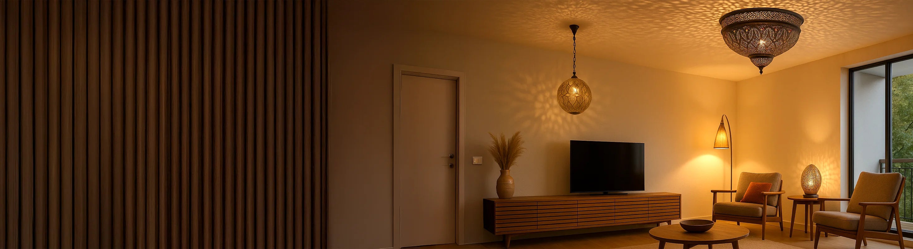ceiling lights – Living room with handmade ceiling lights, floor lamp and table lamp - atmospheric lighting in a warm ambience