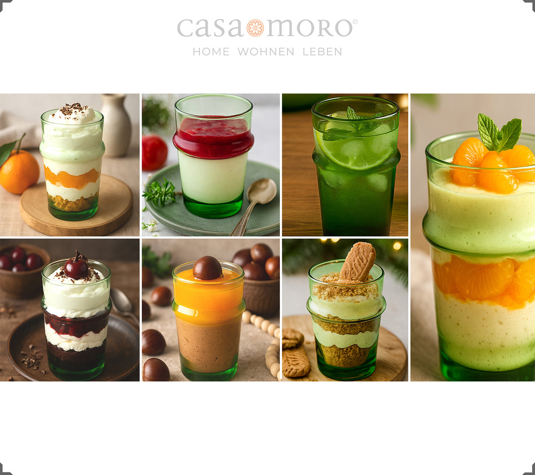 Fine desserts in a green glass set - atmospherically prepared for parties or everyday life