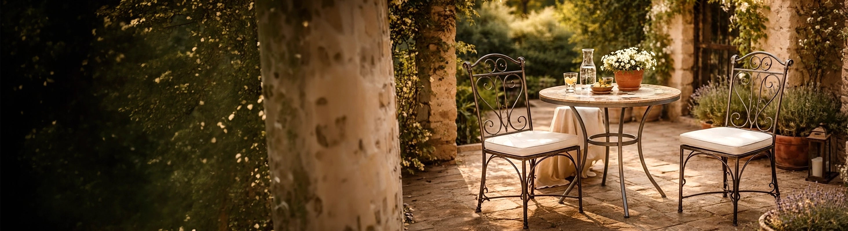 Iron chairs – Schmiedeeiserne Stühle mit Sitzkissen an rundem Tisch auf mediterraner Terrasse mit Natursteinboden und Pflanzen
