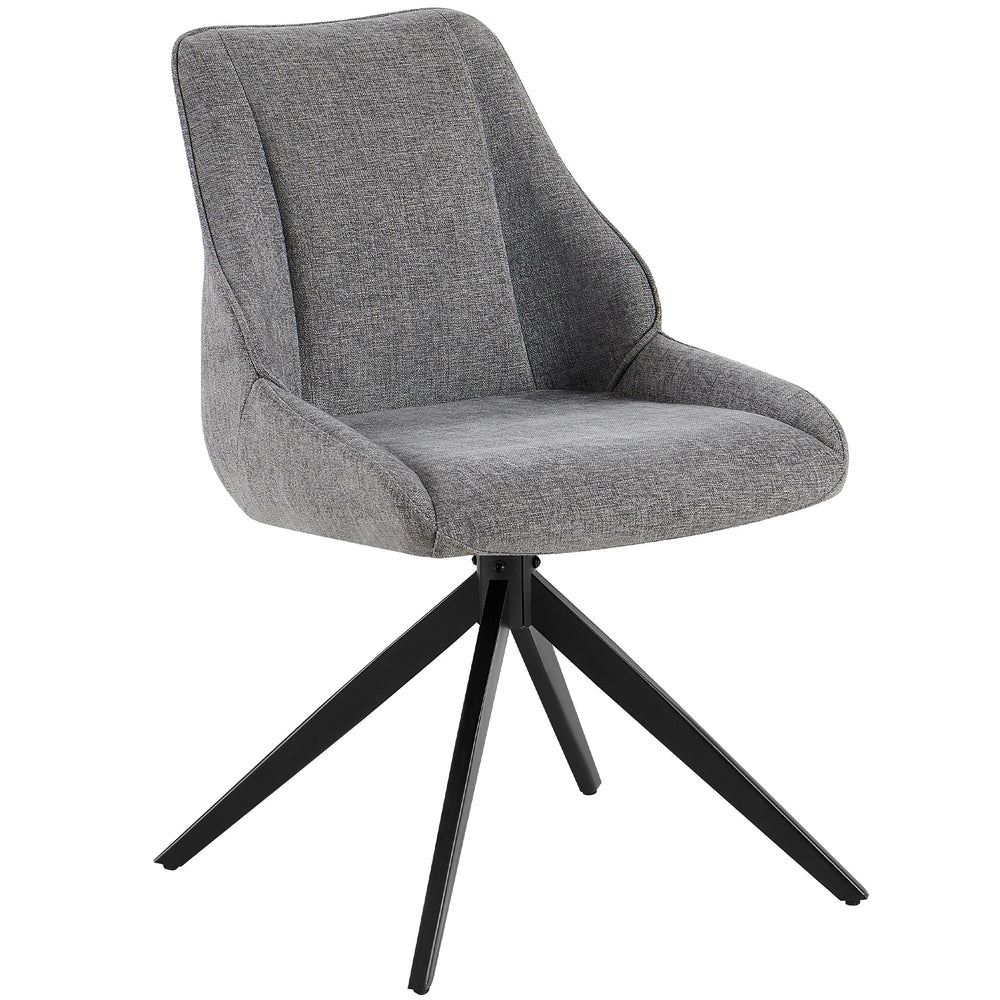Oblique view of a 360° rotating dining room chair in gray with an upholstered seat, backrest and black metal frame in the shape of a tripod