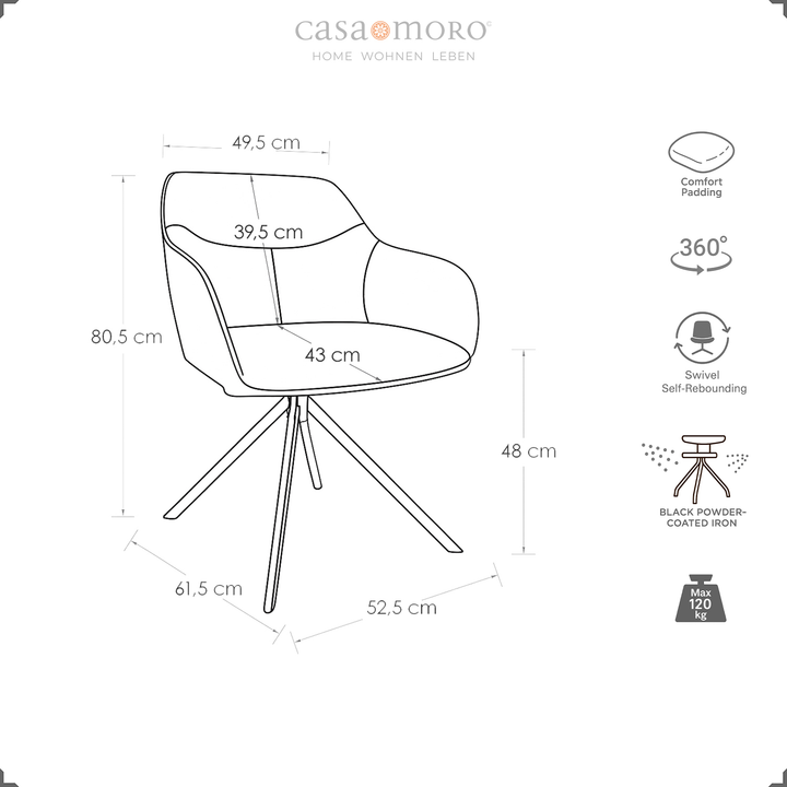 Technical drawing of a 360° rotating upholstered chair with armrests in brown, with dimensions and symbols for comfort upholstery, auto-return function and metal frame