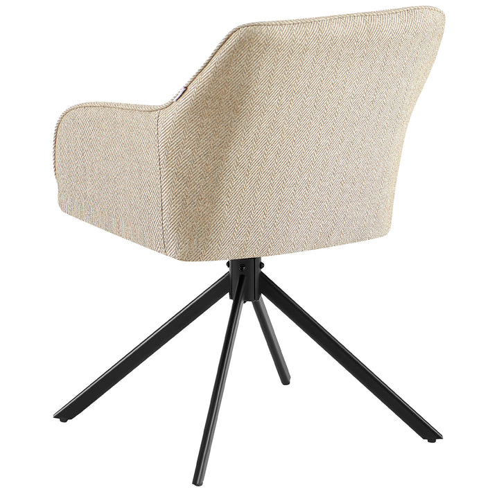 Rear view of a 360° rotating upholstered chair with armrests in beige, padded backrest with herringbone structure and black metal frame
