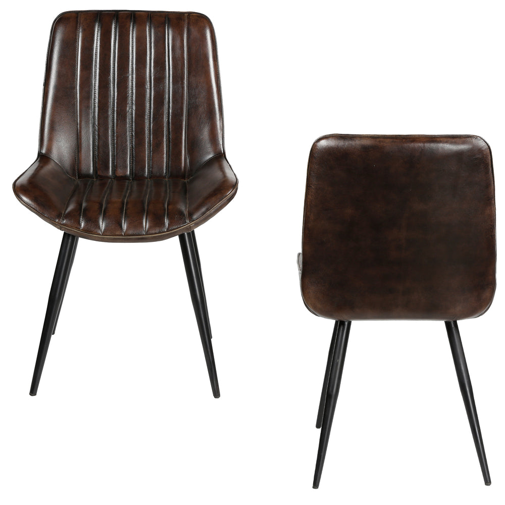 Front and back views of an antique brown genuine leather dining chair with black painted metal legs