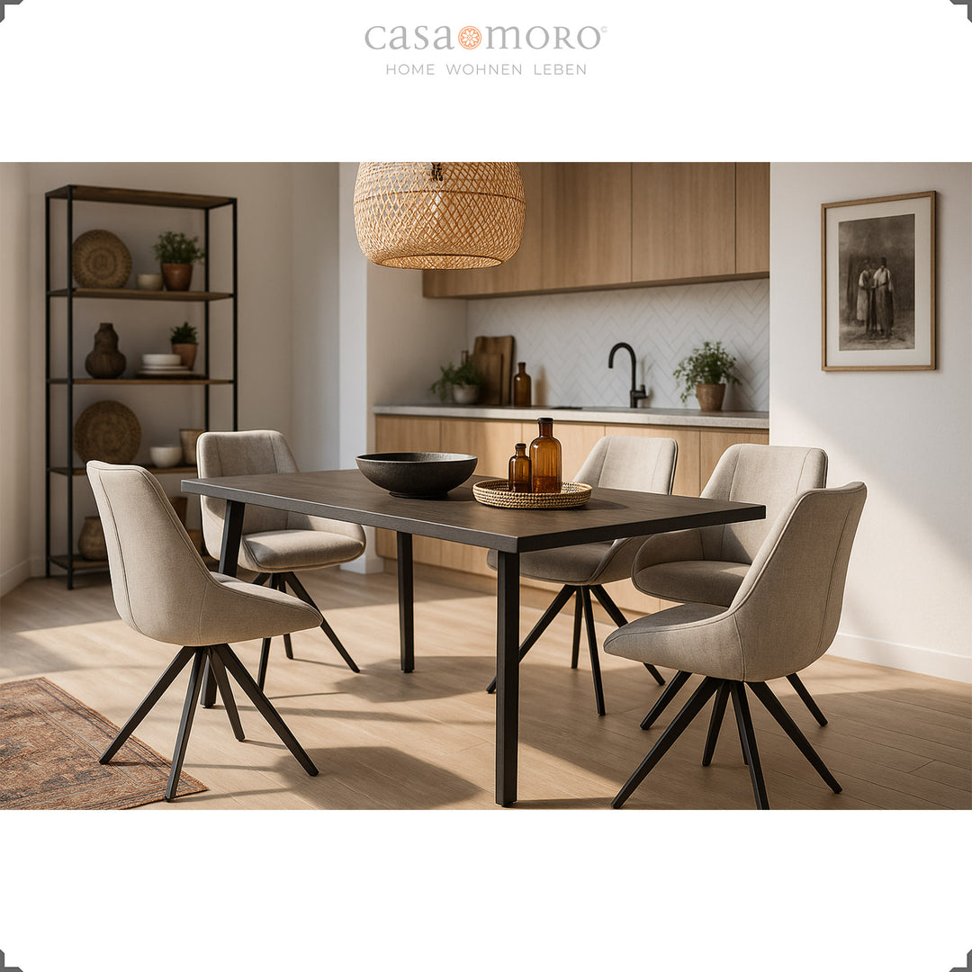 Set of 6 swivel dining chairs in light gray with black metal frame at the dining table - modern dining area with wood and rattan accents in a warm living ambience 