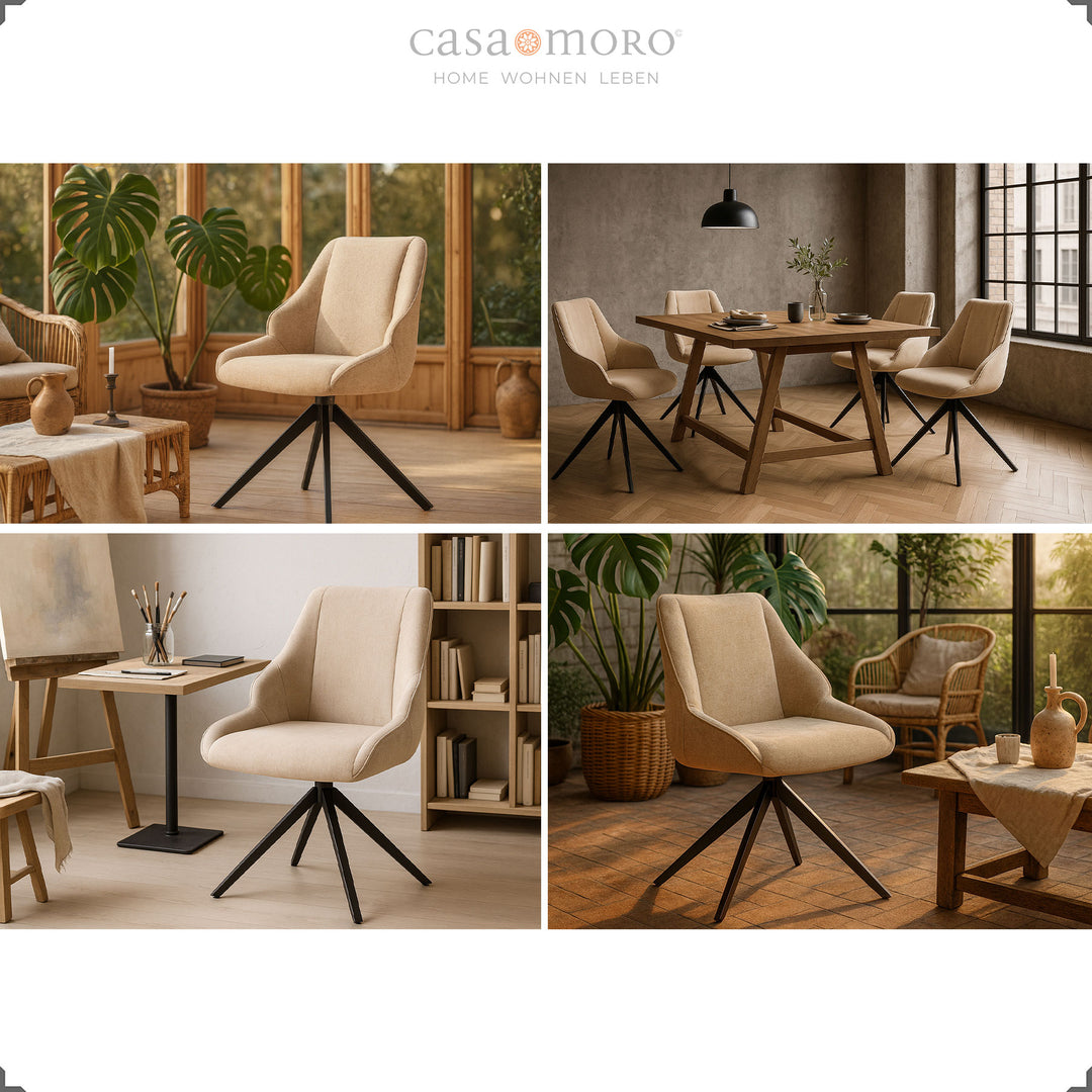 Collage of 360° rotating dining chairs in light brown with black metal frame, shown in living room, studio, dining area and winter garden 
