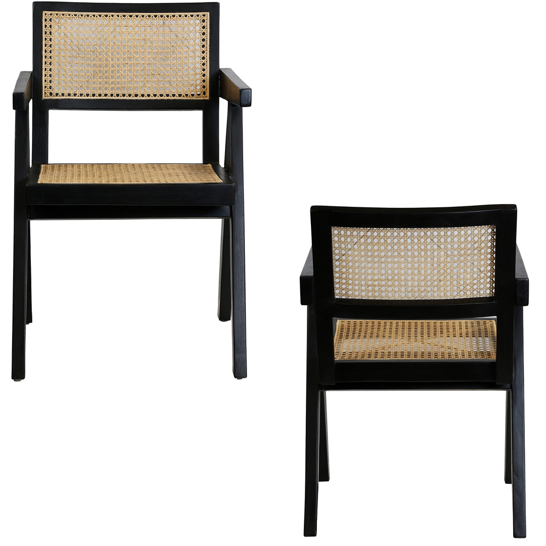 Front and back view of a black Viennese wicker armchair made from solid teak and rattan