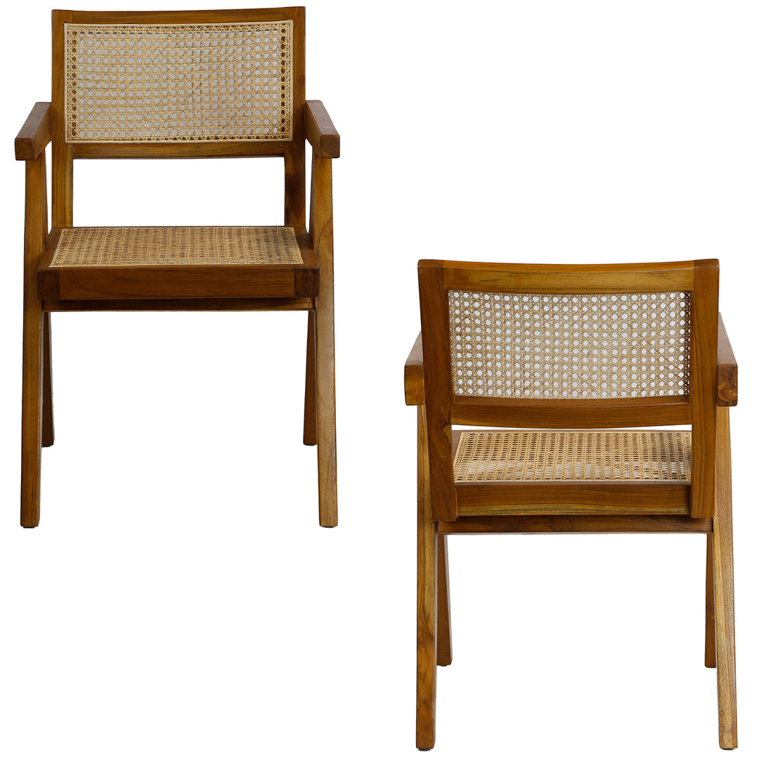 Front and back view of the armchair with Viennese weave in teak brown, stable construction made of solid wood and rattan