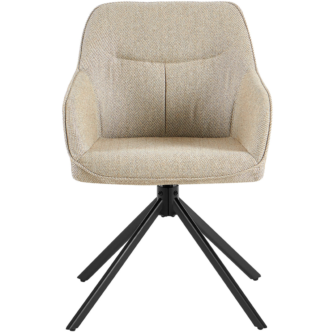 Front view of a 360° rotating upholstered chair with armrests in beige, upholstered seat shell with herringbone pattern and black metal frame