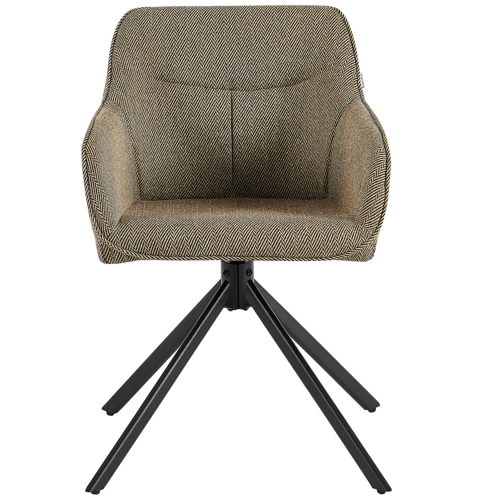 Front view of a 360° rotating upholstered chair with armrests in brown, upholstered seat shell with herringbone pattern and black metal frame