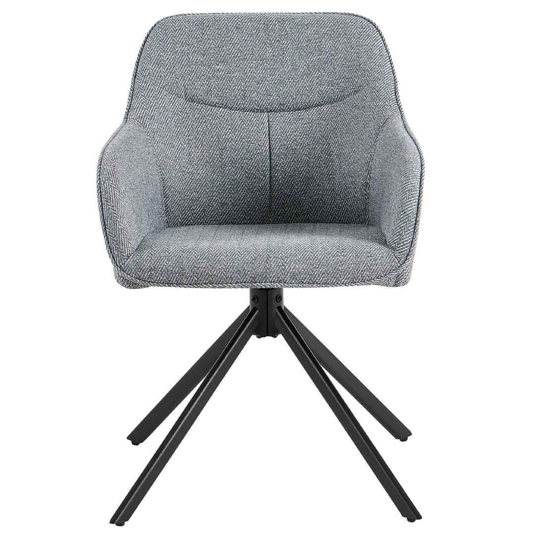 Front view of a 360° rotating dining chair with armrests in gray, upholstered seat shell with herringbone pattern and black metal frame