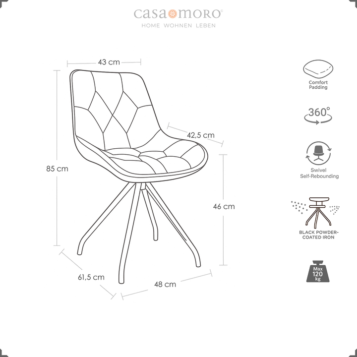 Technical drawing of the upholstered chair 360° rotatable in beige with dimensions, black metal frame and symbols for auto-return function, comfort padding and load capacity up to 120 kg