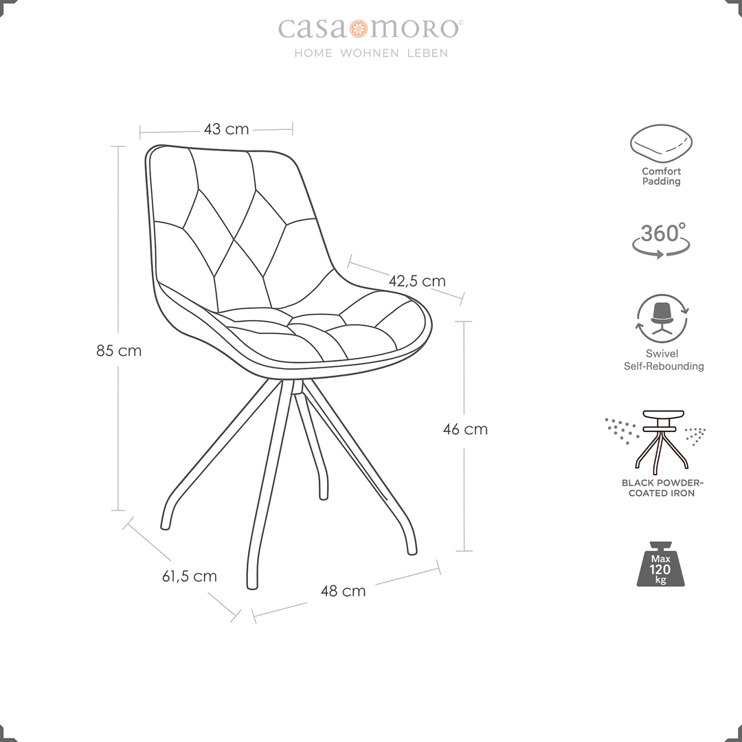 Dimensional drawing of the upholstered chair can be rotated 360° in brown with dimensions, black metal frame and symbols for auto-return function, comfort padding and load capacity up to 120 kg
