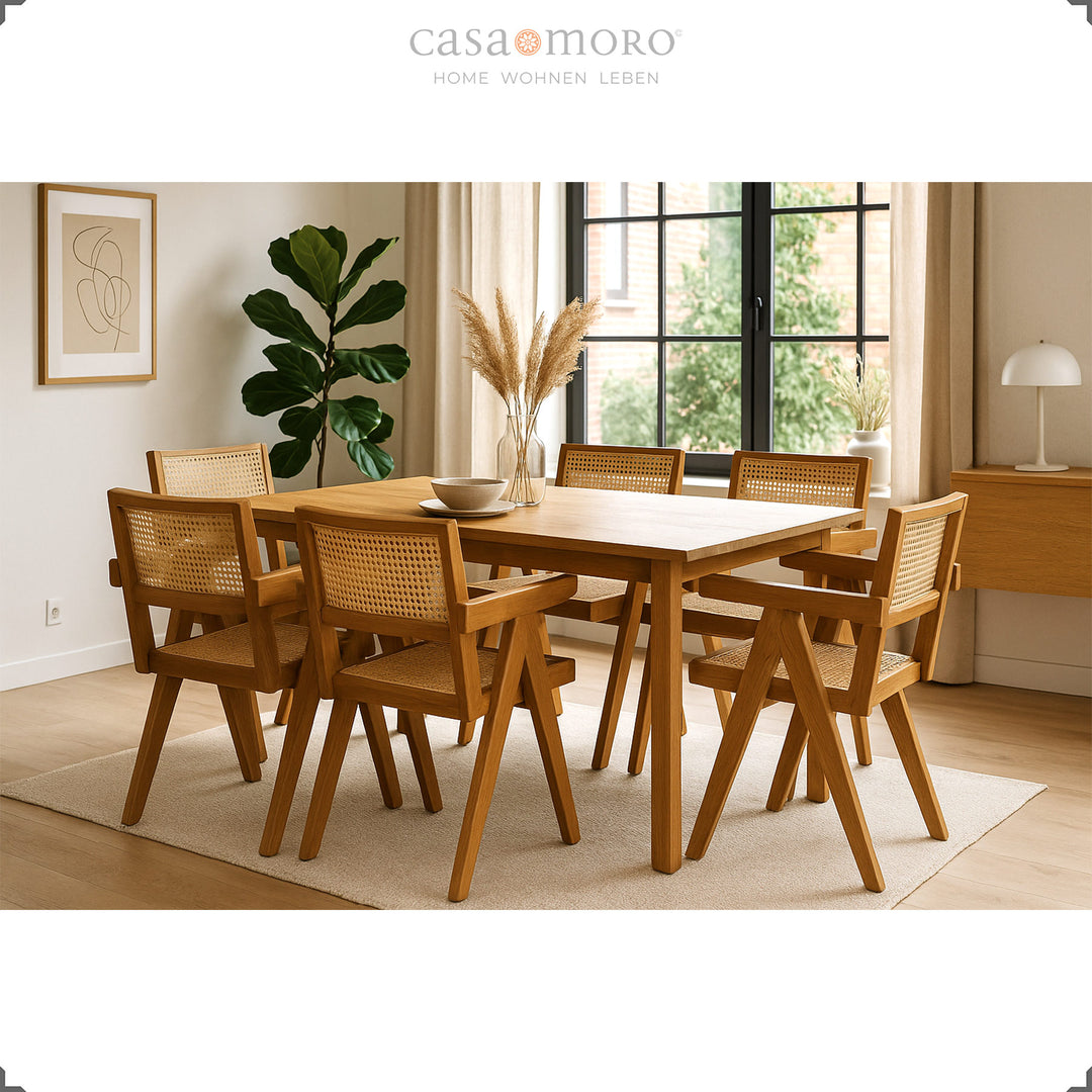 Armchair with Viennese weave at the dining table, made of solid teak, handmade and stylish in the dining room