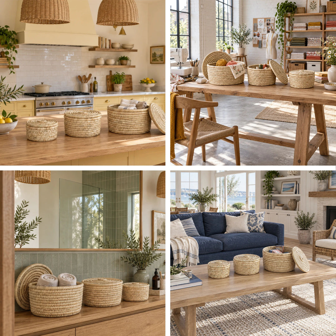 Collage: Sets of three palm-leaf baskets in the kitchen, sewing room, bathroom, and living room: 3.5-liter, 7-liter, and 15-liter capacities.