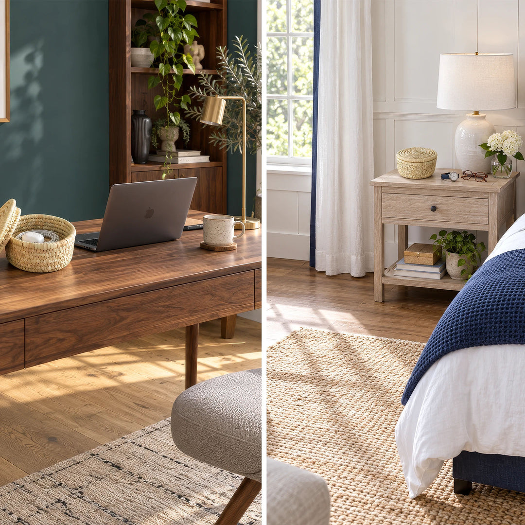 Two views of palm leaf basket: open on a desk beside a laptop and closed on a bedside table.