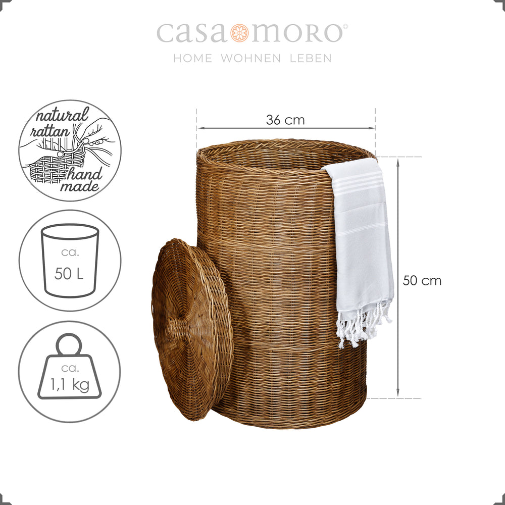 Dark brown rattan basket with lid and light hammam towel, approx. 50 cm high, hand-woven from natural material