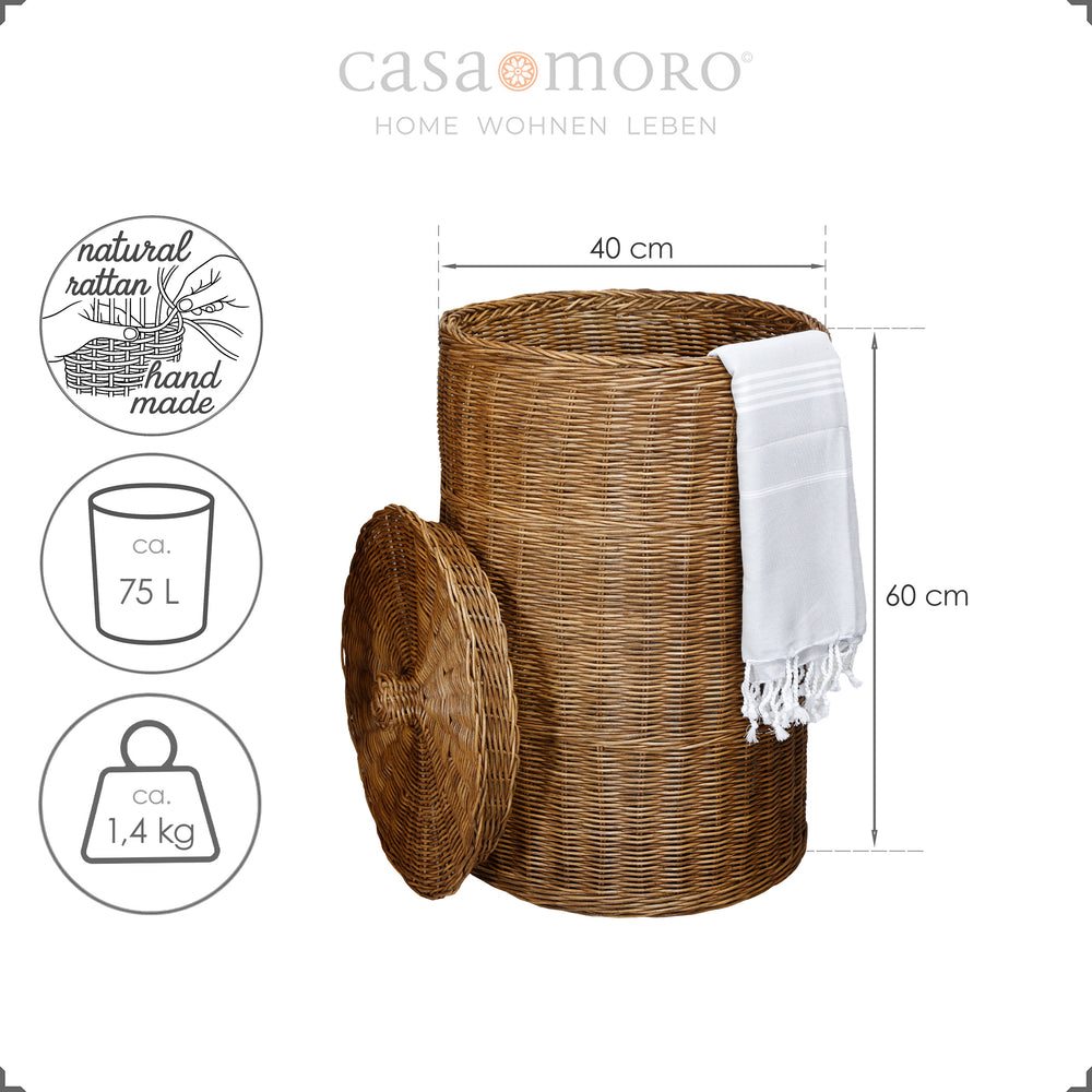 Hand-woven laundry basket made of dark natural rattan, 60 cm high, with 75 L volume and white cloth