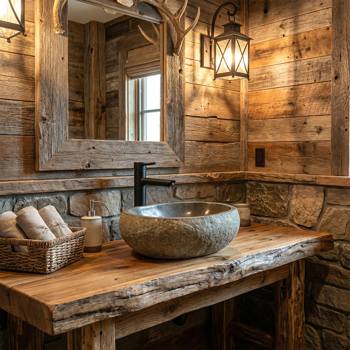 Washbasin made of River Stone in a rustic bathroom on a solid wooden console with black fittings and warm lighting