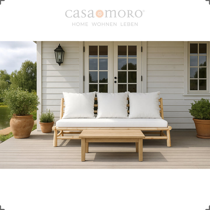 Three-seater garden sofa made of teak wood with dimensionally stable PU foam cushions, suitable for outdoor use