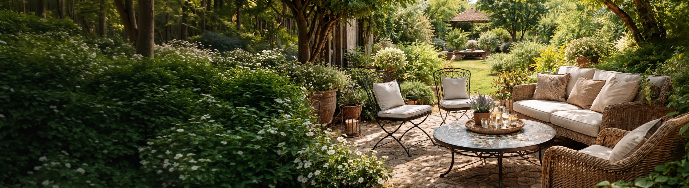 Garden chairs & sofas – Garten mit Sitzgruppe aus Rattan-Sofa und Eisenstühlen rund um Mosaiktisch auf Naturstein-Terrasse im Grünen