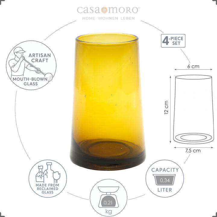 Iced coffee glasses set made of honey-colored glass in a pack of 4 - conical, hand-blown and elegant