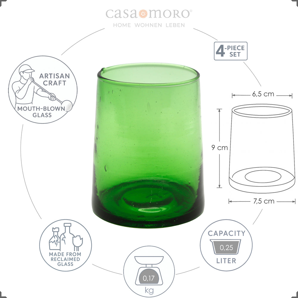 Set of 4 green glasses - slightly conical, traditionally hand-blown