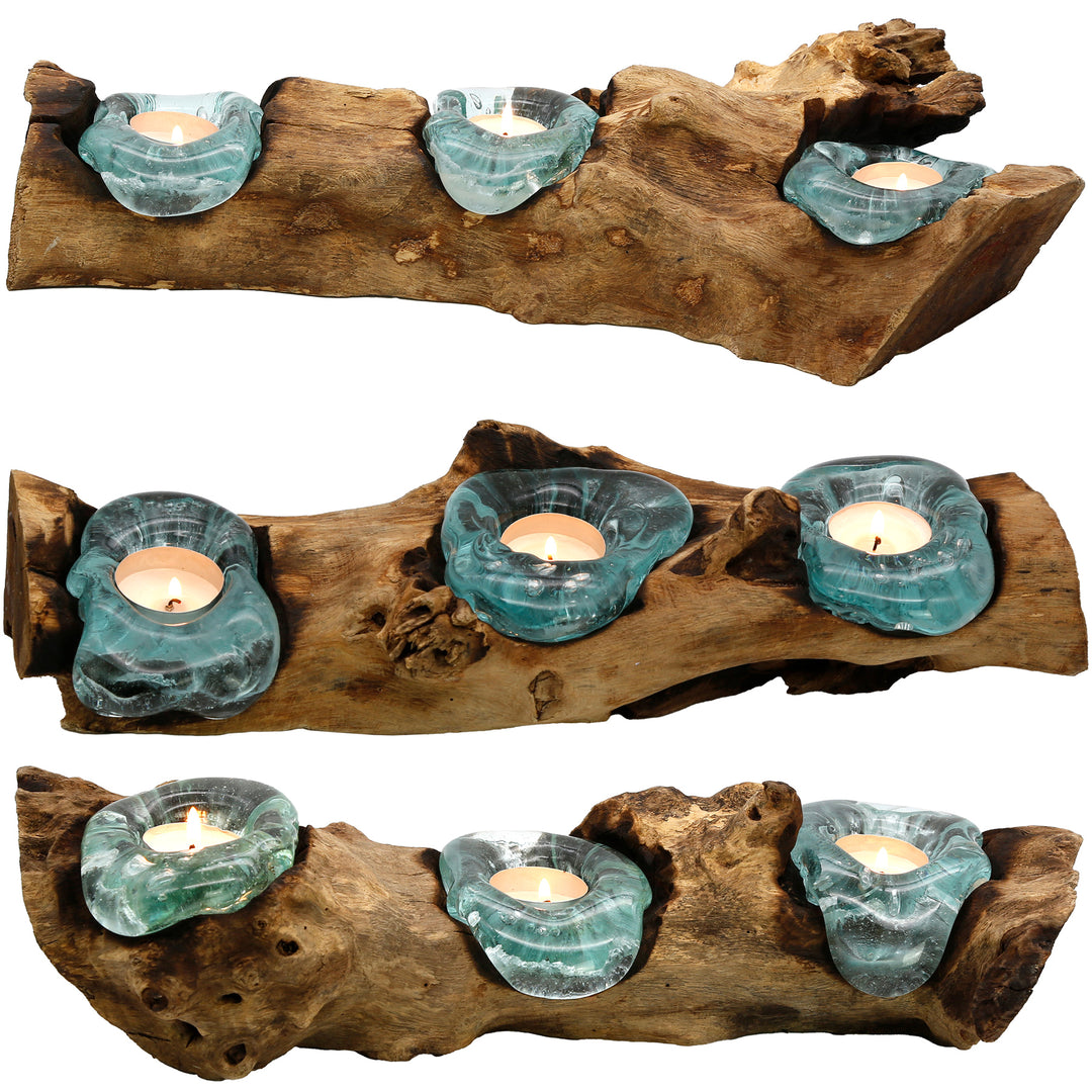 Triple tea light holder made of molten glass on natural root wood, shown in detail from all sides