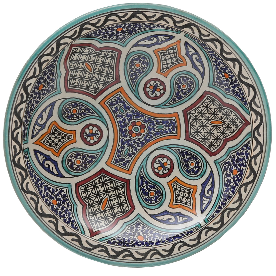 Moroccan ceramic bowl from Fès – Turquoise and Orange – Ø 35 cm
