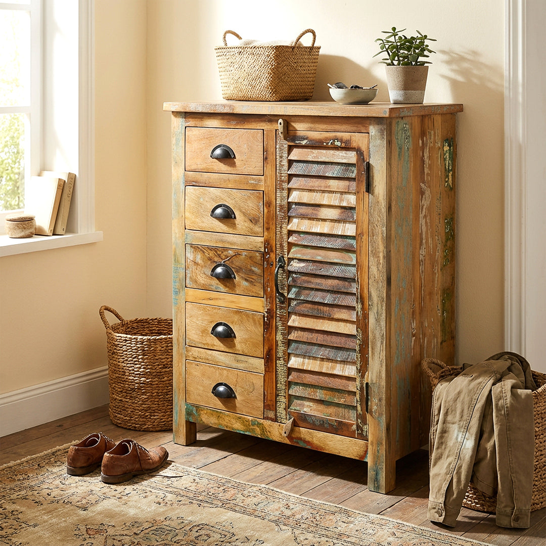 Reclaimed wood highboard in the hallway with baskets and shoes, warm vintage living scene
