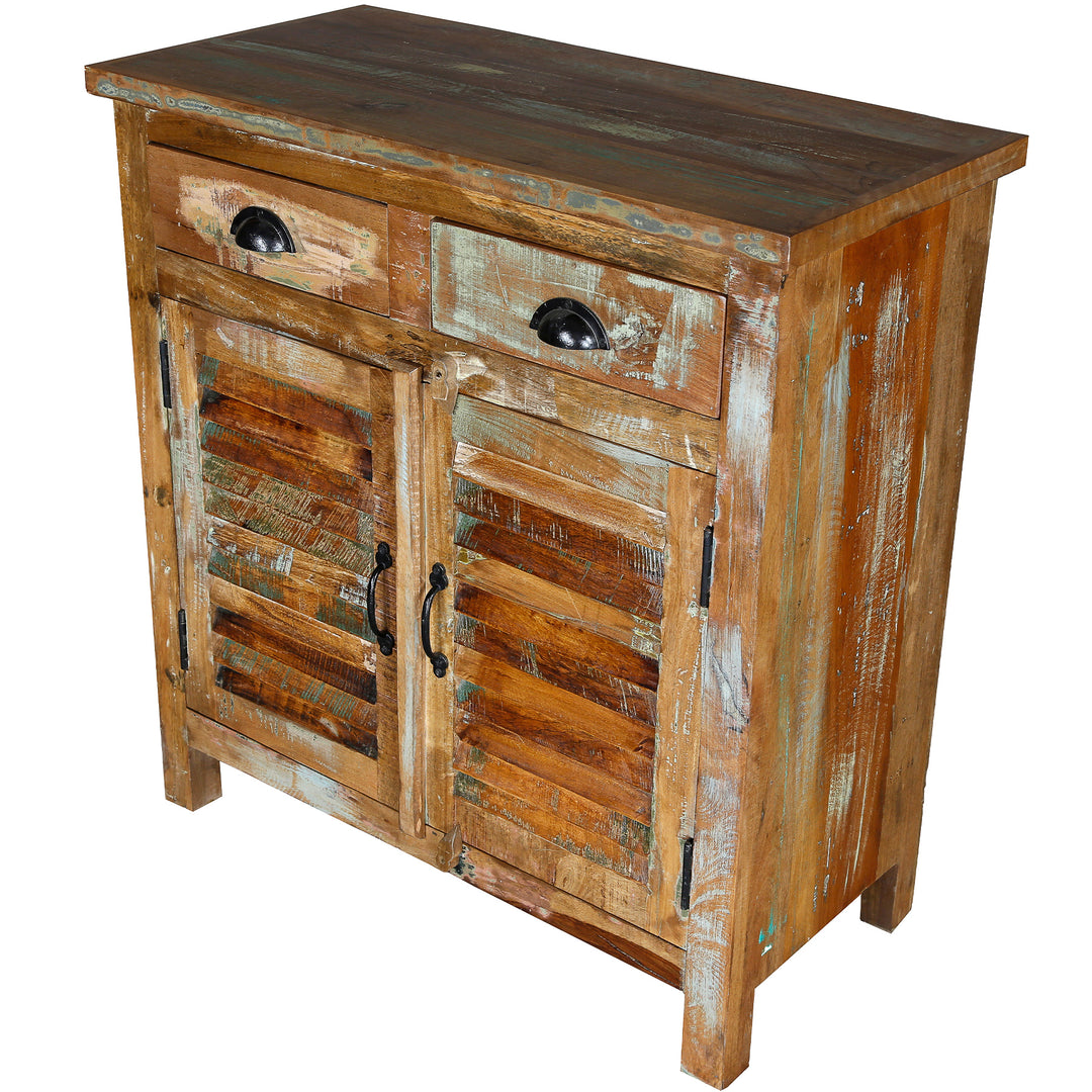 Solid wood highboard with two doors and drawers with a rustic wooden finish