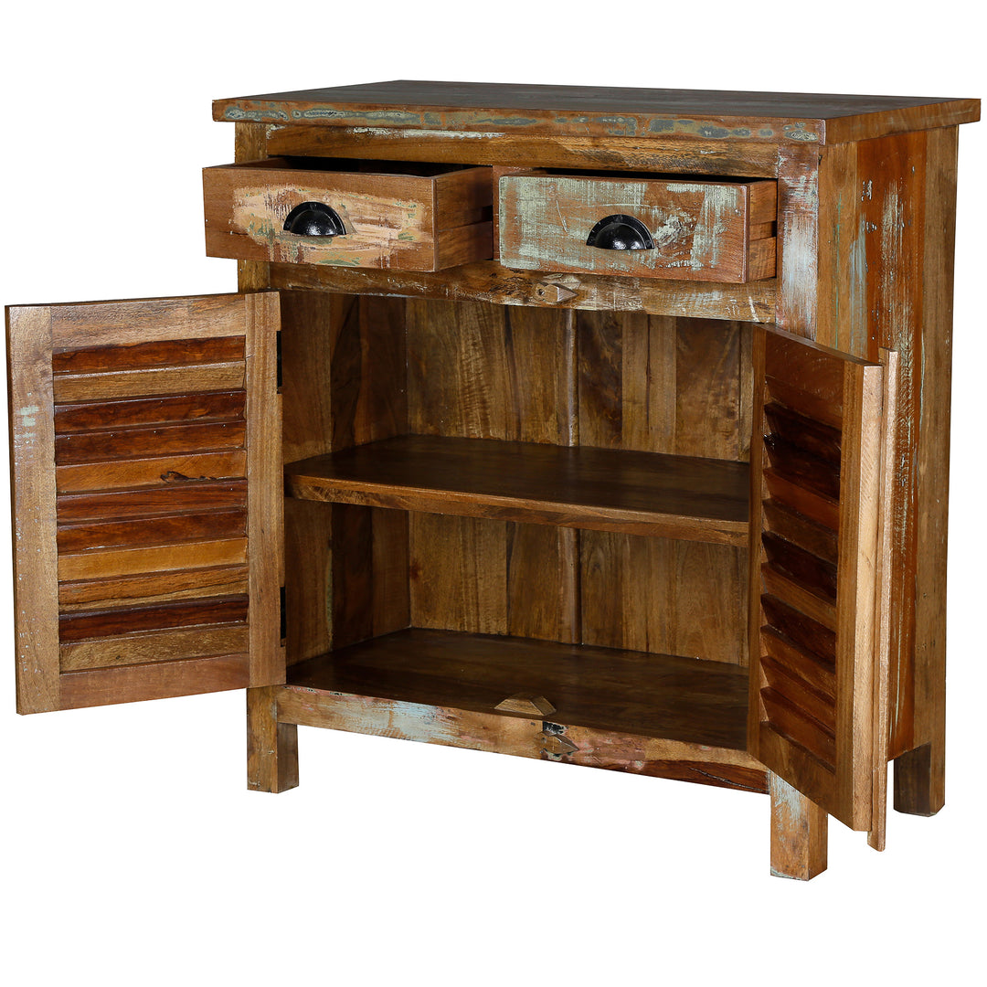 Solid wood highboard with open doors and drawers and visible interior,