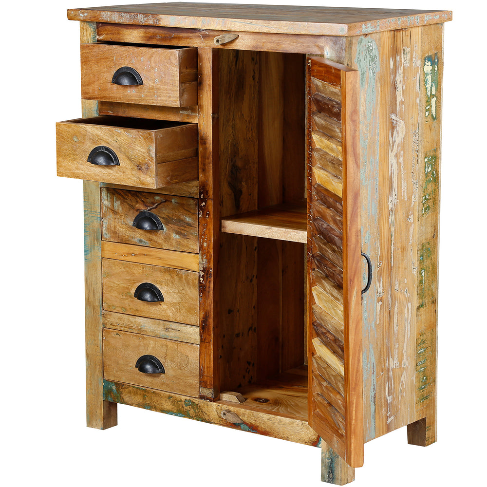 Highboard made of solid wood with opened drawers and door, visible interior, isolated