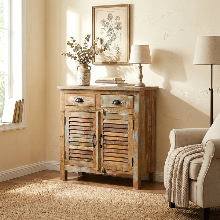 Highboard made of old wood in country house style in the living room, bright colors, homely scene