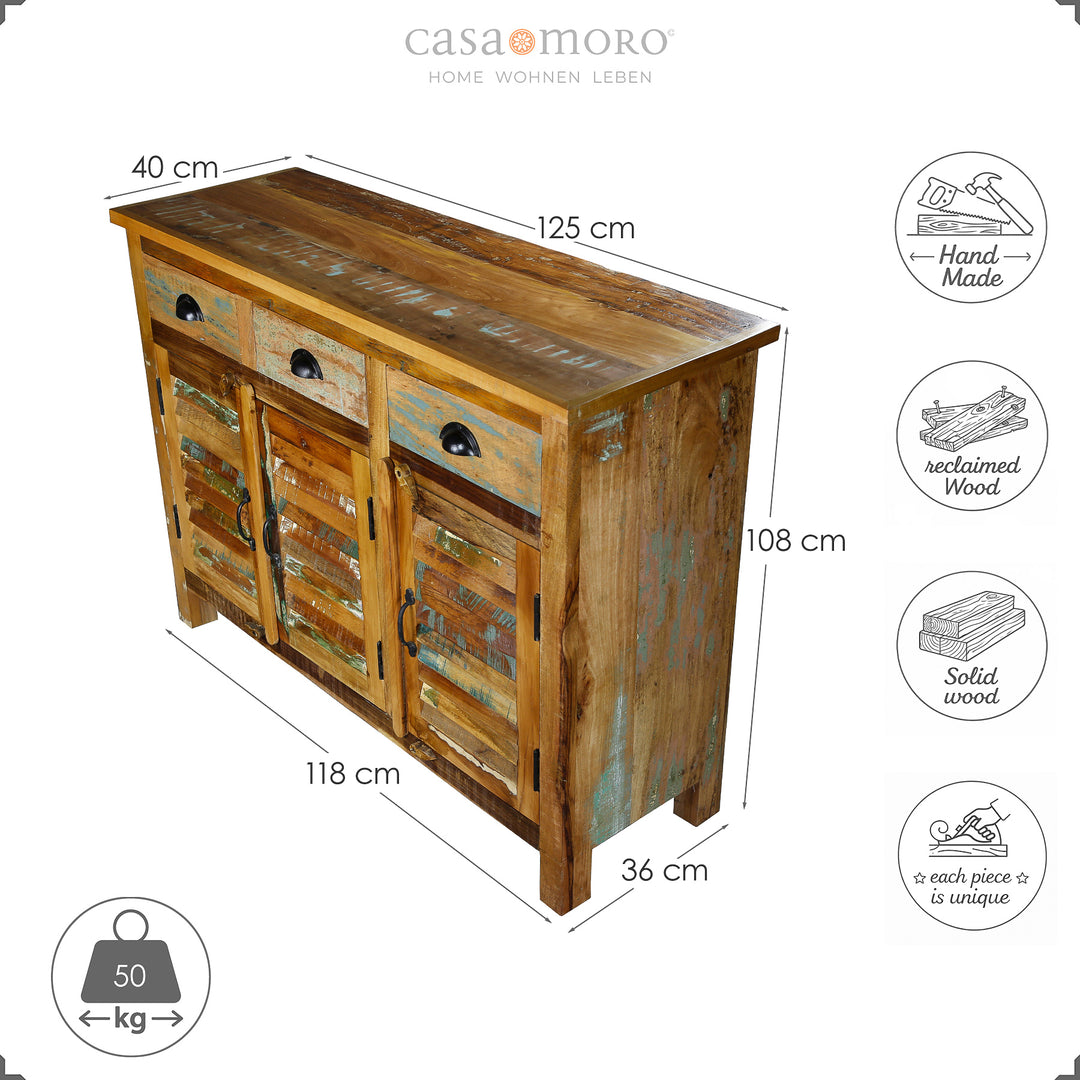 Highboard made of solid wood and reclaimed wood, 125 cm wide, 108 cm high, vintage