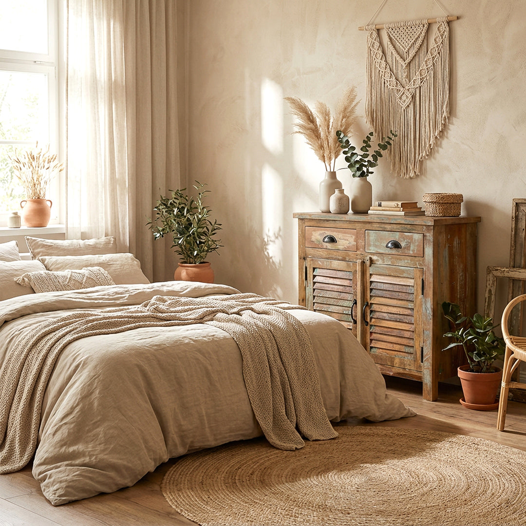 Highboard made of solid wood in the bedroom, boho style, natural textiles, warm light