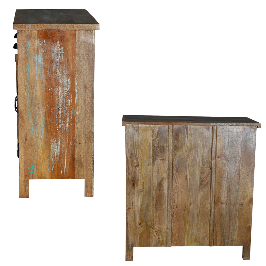 Side and back view of a highboard made of solid old wood with natural grain