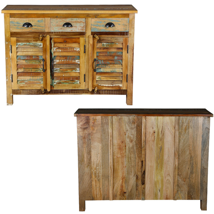 Highboard made of old wood with drawers made of solid wood in vintage style, front and back view