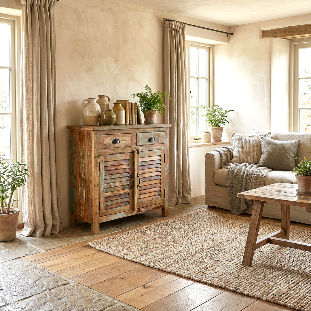 Vintage highboard made of solid old wood in the living room, light textiles, natural living scene