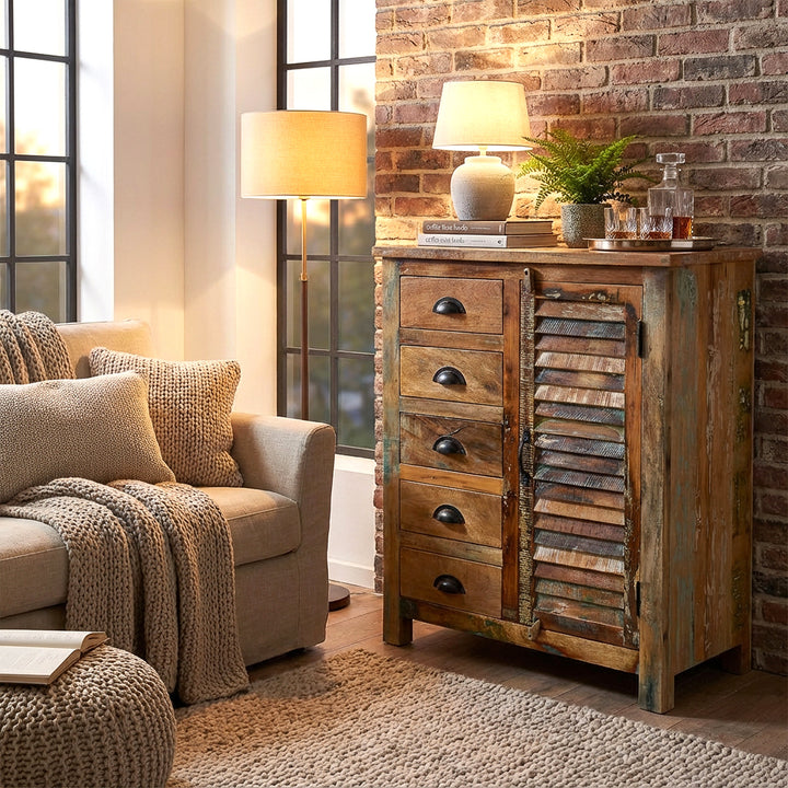 Reclaimed wood highboard in the living room, brick wall, warm lighting, homely vintage scene