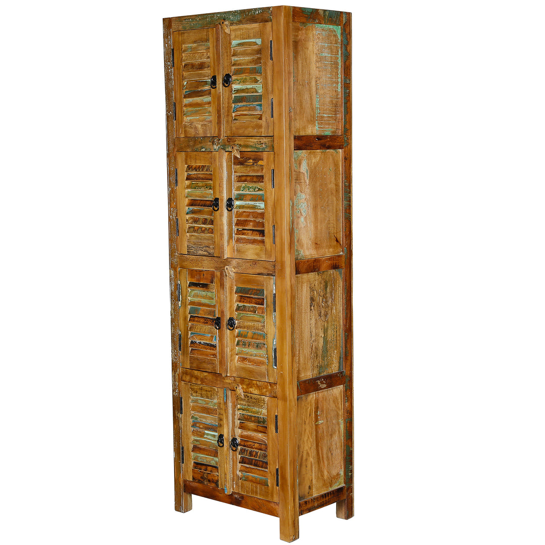 Narrow tall cabinet made of solid wood and reclaimed wood in vintage style, shown freestanding
