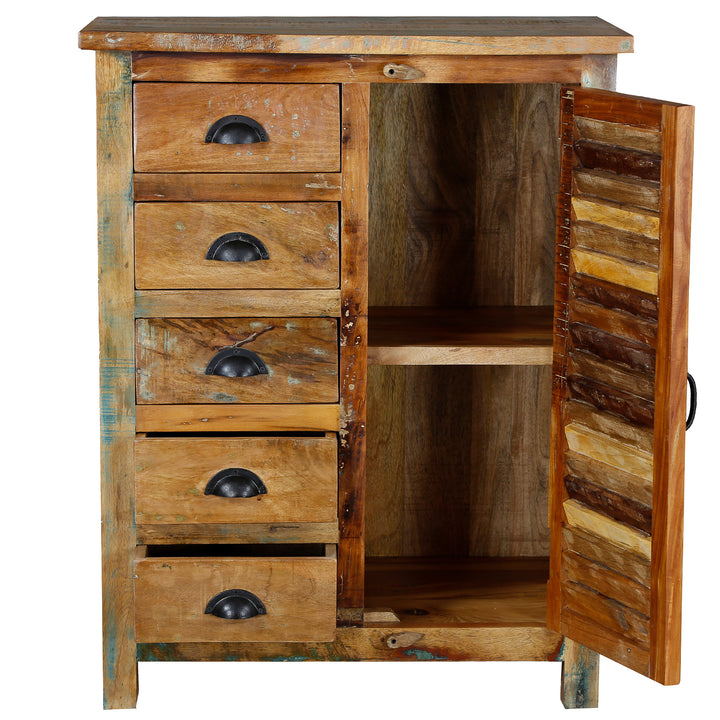 Highboard made of solid wood with open drawers and door, inner compartments visible, isolated