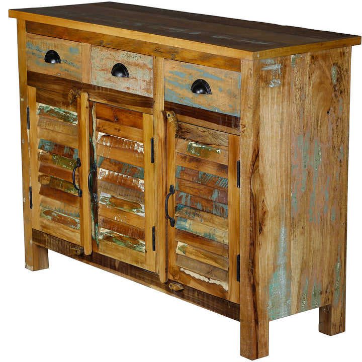 Highboard made of old wood with drawers made of solid wood in vintage style, high and striking