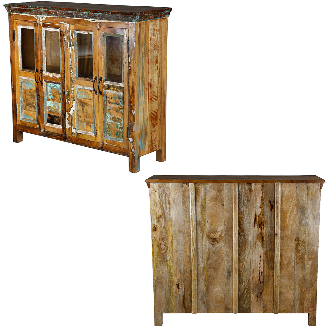 Front and back view of a sideboard made of solid wood with glass doors, isolated